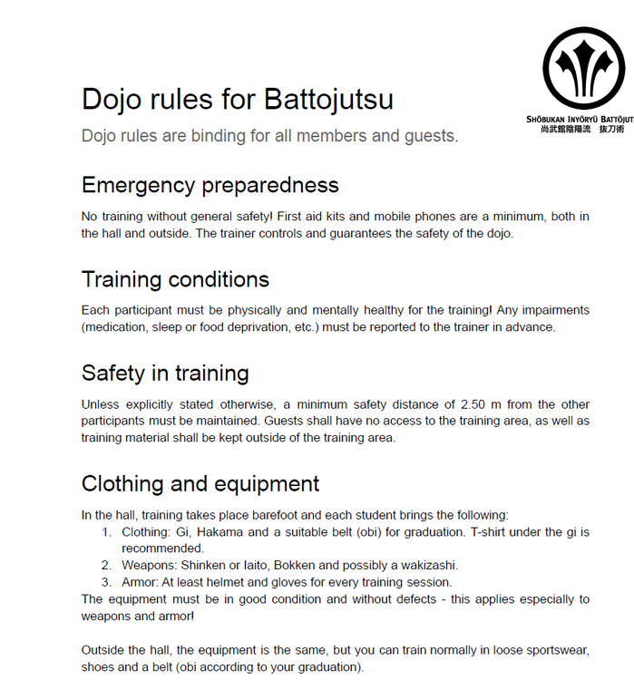 Title: Dojo rules for Battojutsu. Subtitle: Dojo rules are binding for all members and guests. Top Right: Battojutsu Logo. Sub Headlines: Emergency preparedness, Training conditions, Safety in training, Clothing and equipment