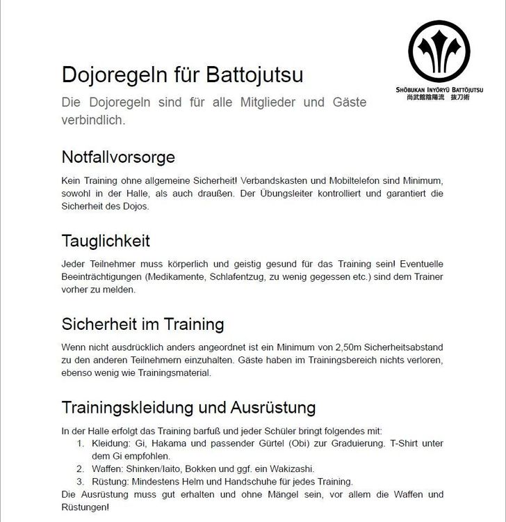 Titel: Dojoregeln für Battojutsu. Oben rechts Battojutsu Logo. Darunter die Dojo Regeln mit den Absätzen Notfallvorsorge, Tauglichkeit, Sicherheit im Training & Trainingskleidung und Ausrüstung. 